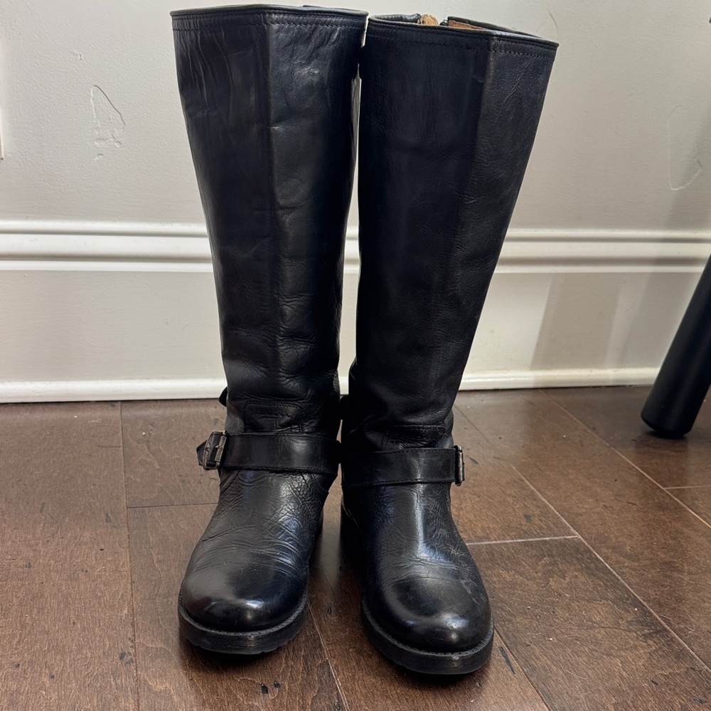 Frye Tall Black Leather Moto Boots